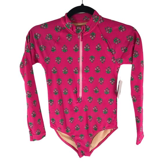 J Crew Crewcuts Girls' Block-Print Rash Guard Swimsuit Long Sleeve Pink 10 - Picture 1 of 7